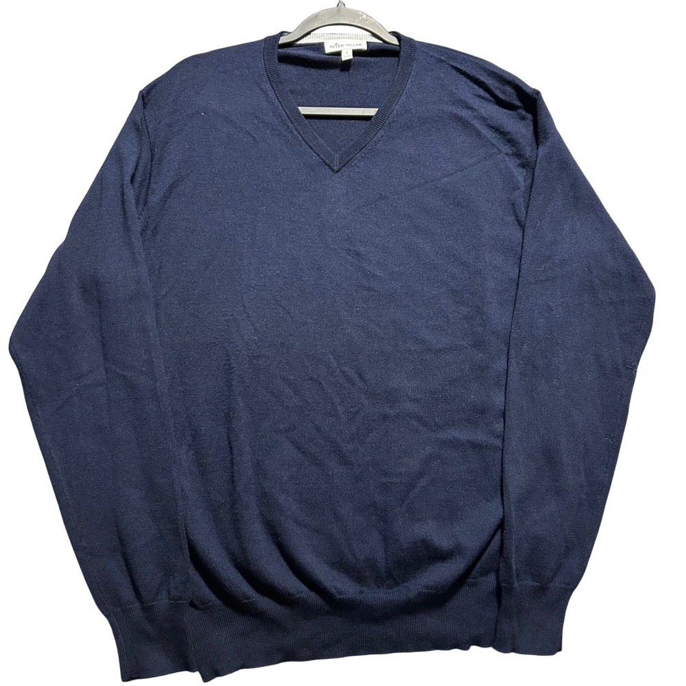 Peter Millar Sweater Mens L Navy Blue Merino Wool Silk Blend V-Neck Pullover
